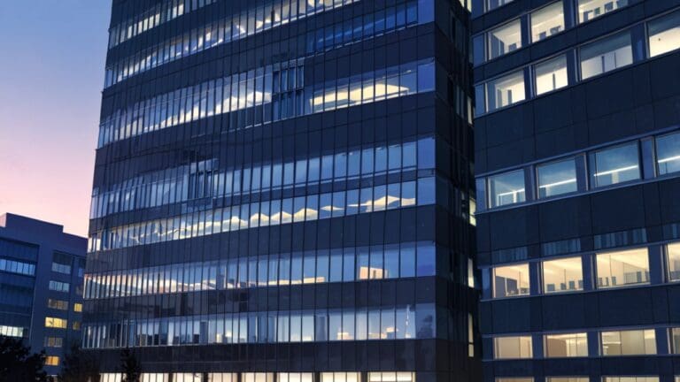 Moderno edificio de oficinas con luces brillantes en la ciudad al anochecer.