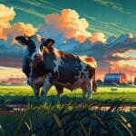 Primer plano de una vaca en un prado verde al amanecer, con un paisaje industrial en el horizonte.