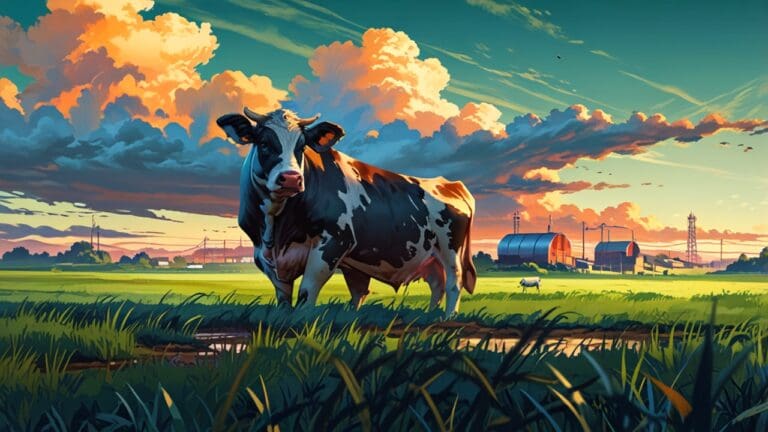 Primer plano de una vaca en un prado verde al amanecer, con un paisaje industrial en el horizonte.