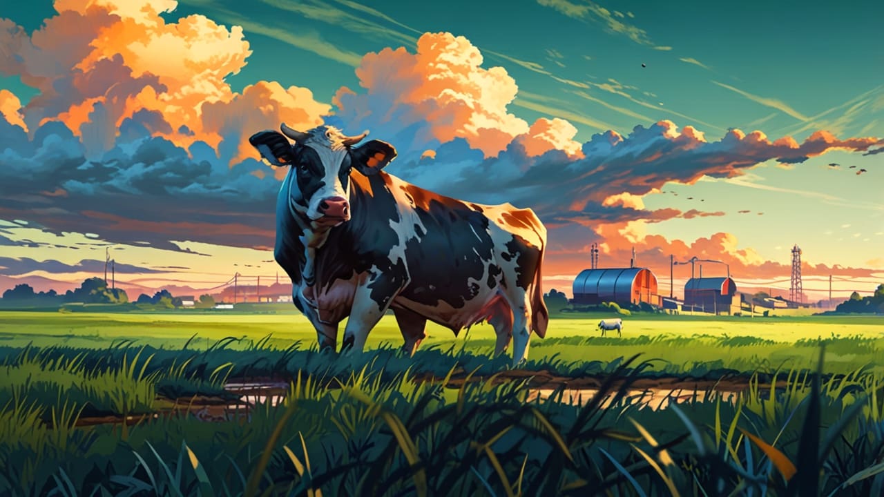 Primer plano de una vaca en un prado verde al amanecer, con un paisaje industrial en el horizonte.