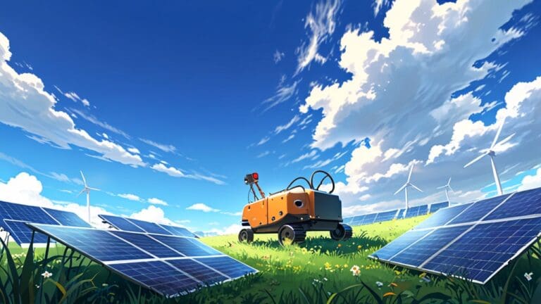 Robot autónomo limpiando paneles solares en un campo de energía solar bajo un cielo despejado