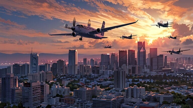 Paísaje urbano moderno con aviones volando sobre una ciudad al amanecer