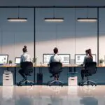 Oficina moderna con tecnología de startups, laptops y pantallas.