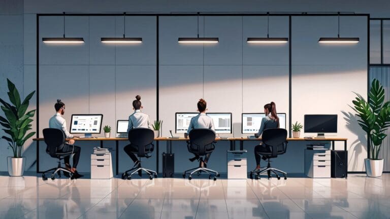 Oficina moderna con tecnología de startups, laptops y pantallas.