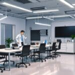 Oficina moderna de una startup tecnológica con equipos avanzados de diagnóstico médico