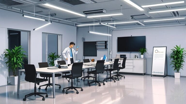 Oficina moderna de una startup tecnológica con equipos avanzados de diagnóstico médico