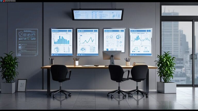 Oficina moderna con gráficos digitales y dispositivos tecnológicos sobre una mesa