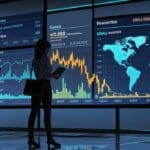 Oficina moderna de fintech con pantallas mostrando datos de crecimiento y expansión en América Latina