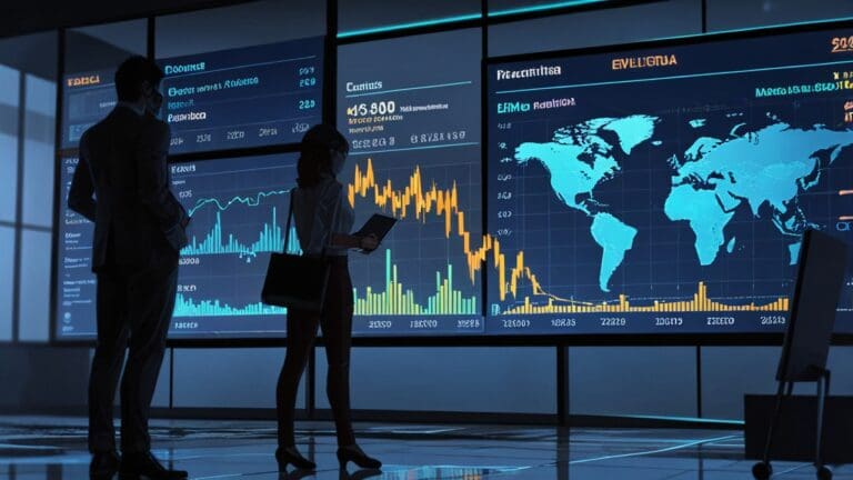 Oficina moderna de fintech con pantallas mostrando datos de crecimiento y expansión en América Latina