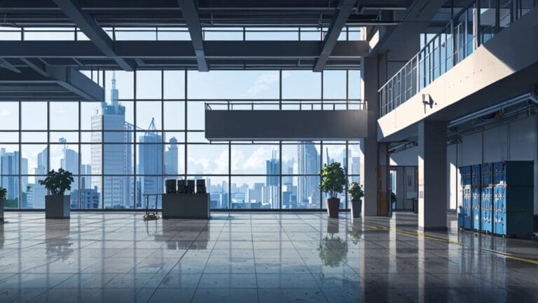 Vista de un moderno edificio tecnológico con equipos industriales avanzados en el interior