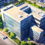 Vista aérea de oficinas modernas en un distrito financiero rodeado de tecnología y naturaleza.