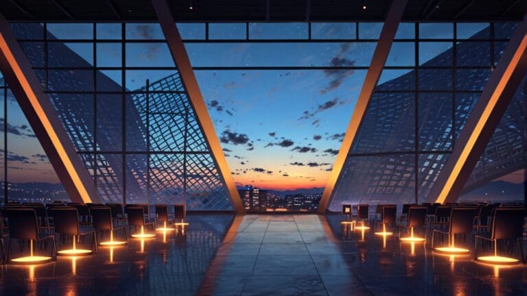 Moderno centro de conferencias en Valencia con diseño arquitectónico futurista, iluminado al atardecer.