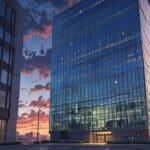 Edificios modernos de oficinas tecnológicas rodeados de naturaleza urbana al atardecer