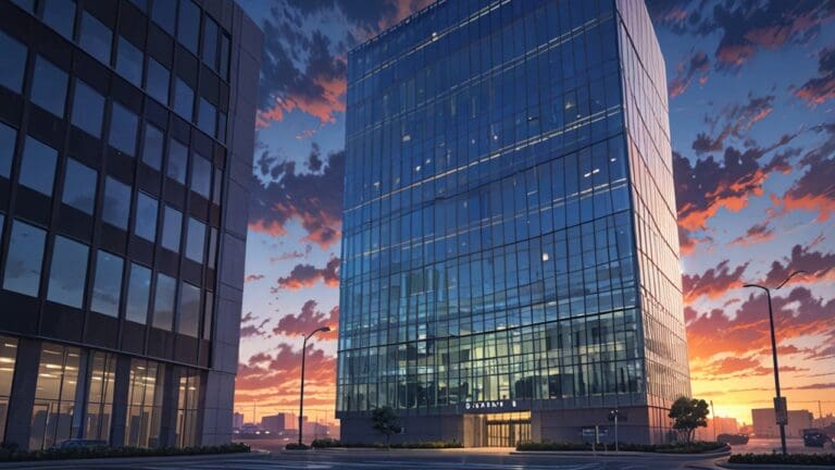 Edificios modernos de oficinas tecnológicas rodeados de naturaleza urbana al atardecer