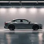 Escena de un concesionario de autos moderno y minimalista con un auto nuevo en exhibición bajo luces brillantes.