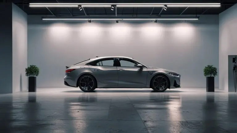 Escena de un concesionario de autos moderno y minimalista con un auto nuevo en exhibición bajo luces brillantes.