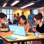 Espacios de coworking modernos en Latinoamérica con emprendedores trabajando en sus laptops