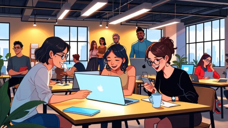 Espacios de coworking modernos en Latinoamérica con emprendedores trabajando en sus laptops