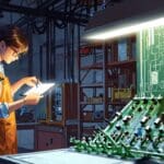 Primer plano de un ingeniero trabajando en una planta tecnológica con un fondo de maquinaria innovadora