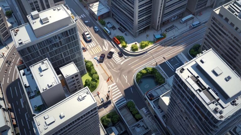 Vista aérea de moderno centro financiero con rascacielos y tecnología avanzada.