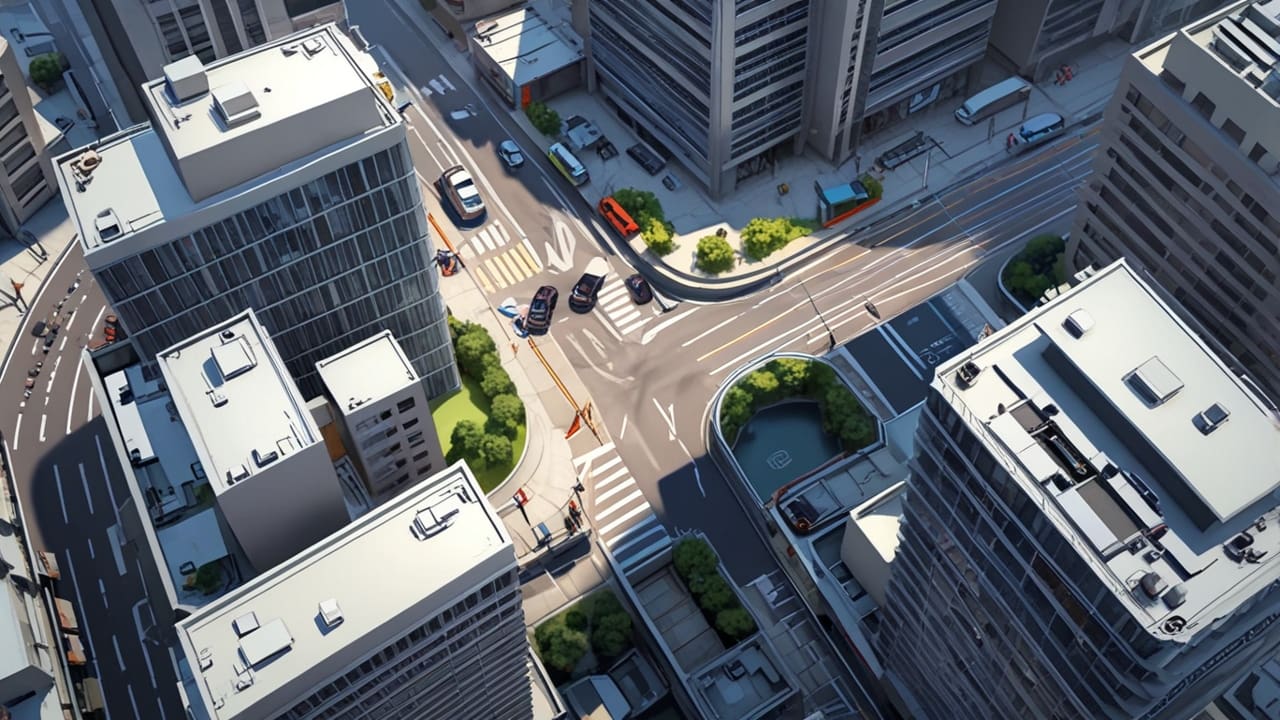 Vista aérea de moderno centro financiero con rascacielos y tecnología avanzada.