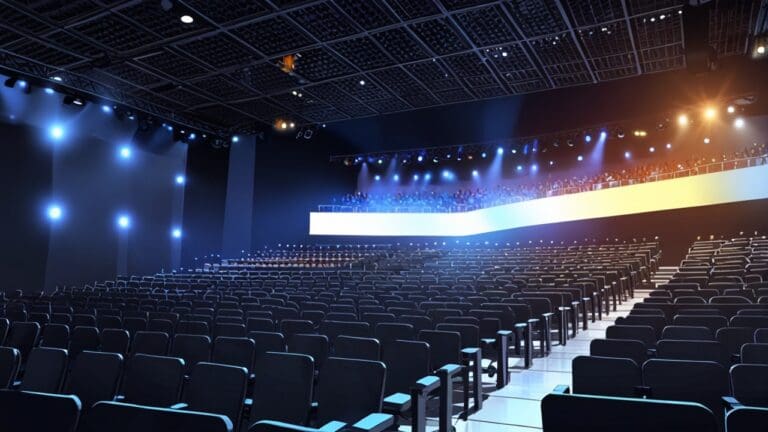 Auditorio moderno con presentaciones tecnológicas y espectadores atentos al evento.