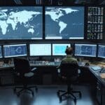 Vista moderna de un centro de control de operaciones aéreas con pantallas digitales.