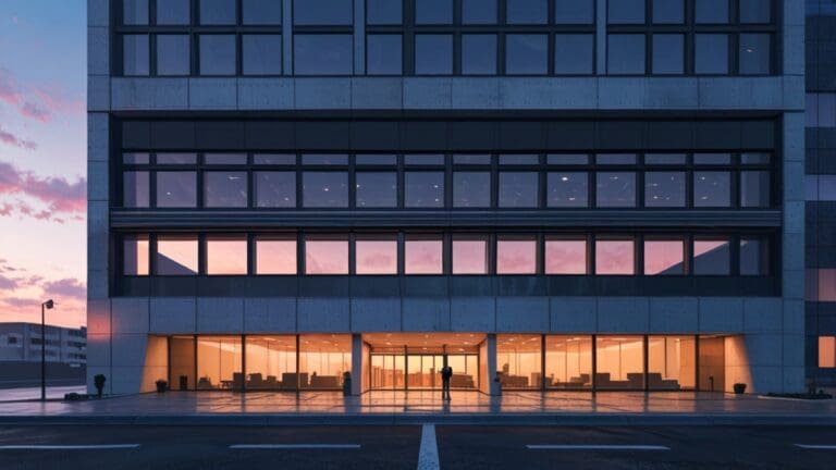 Edificio moderno de oficinas con un diseño futurista al amanecer