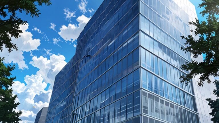 Edificio moderno corporativo rodeado de árboles y cielo despejado