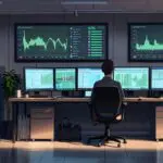 Oficina moderna con pantallas mostrando gráficos financieros y tecnólogos trabajando en computadoras