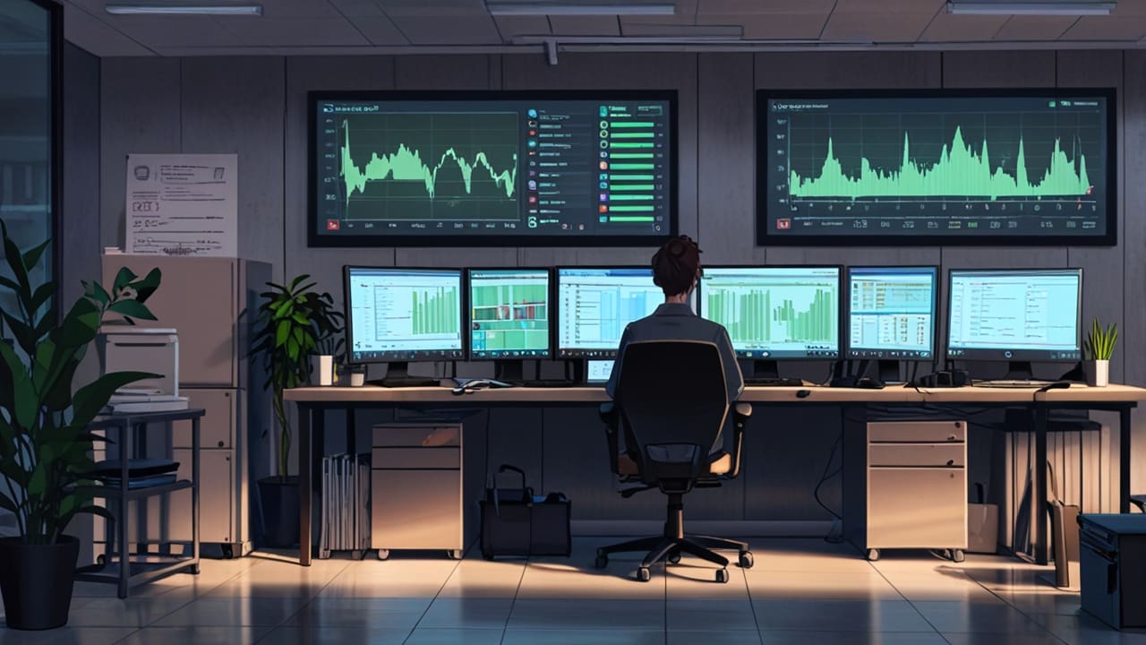 Oficina moderna con pantallas mostrando gráficos financieros y tecnólogos trabajando en computadoras