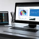 Ordenador portátil en escritorio moderno con gráficos financieros en pantalla