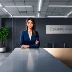 Retrato empresarial de Sandra Figaredo en una oficina moderna con fondo tecnológico