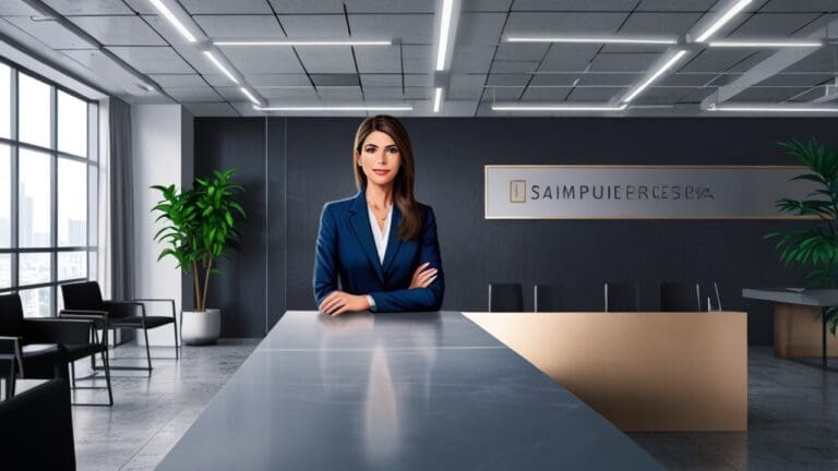 Retrato empresarial de Sandra Figaredo en una oficina moderna con fondo tecnológico