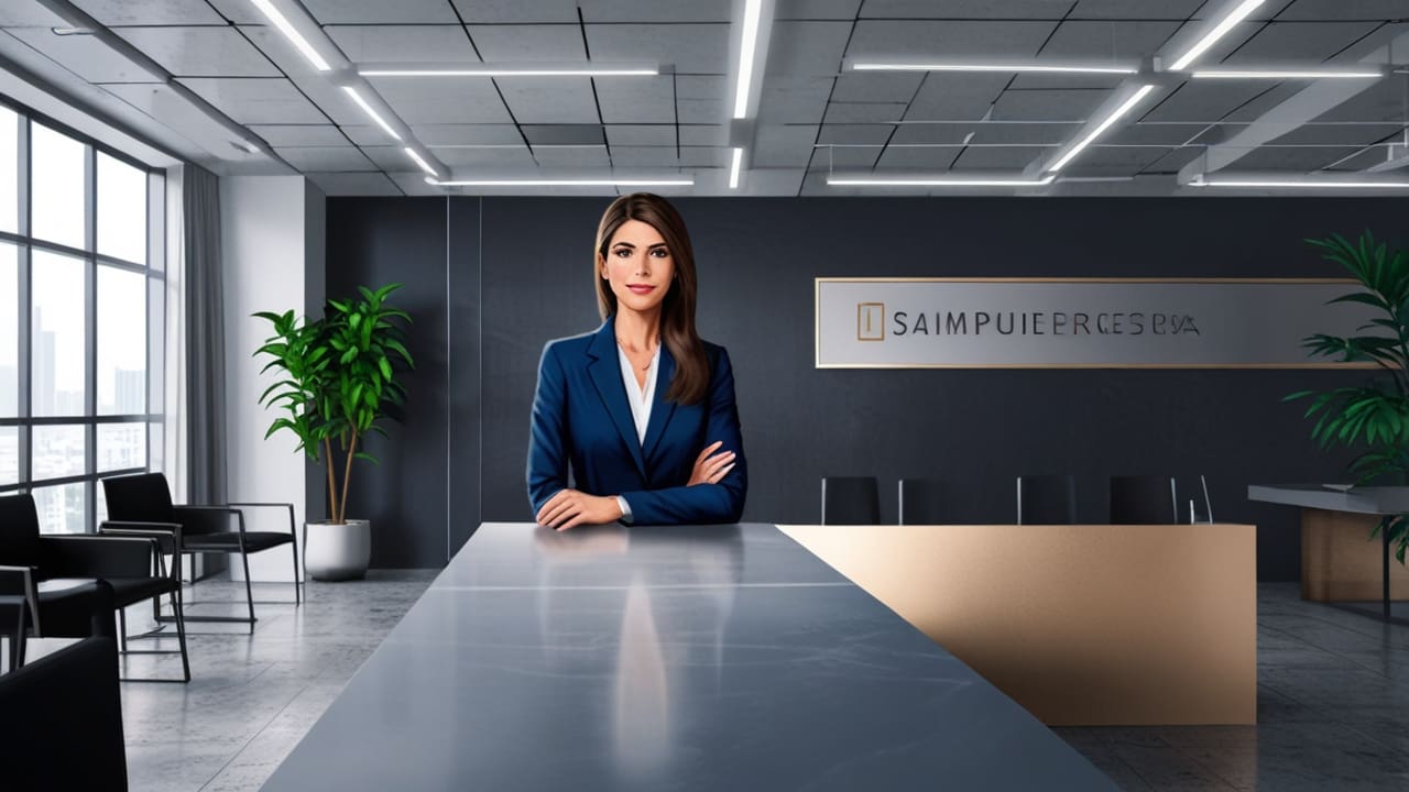 Retrato empresarial de Sandra Figaredo en una oficina moderna con fondo tecnológico