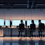 Oficina moderna llena de computadores y algoritmos de inteligencia artificial en pantallas