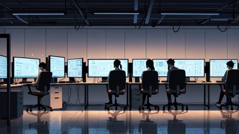 Oficina moderna llena de computadores y algoritmos de inteligencia artificial en pantallas