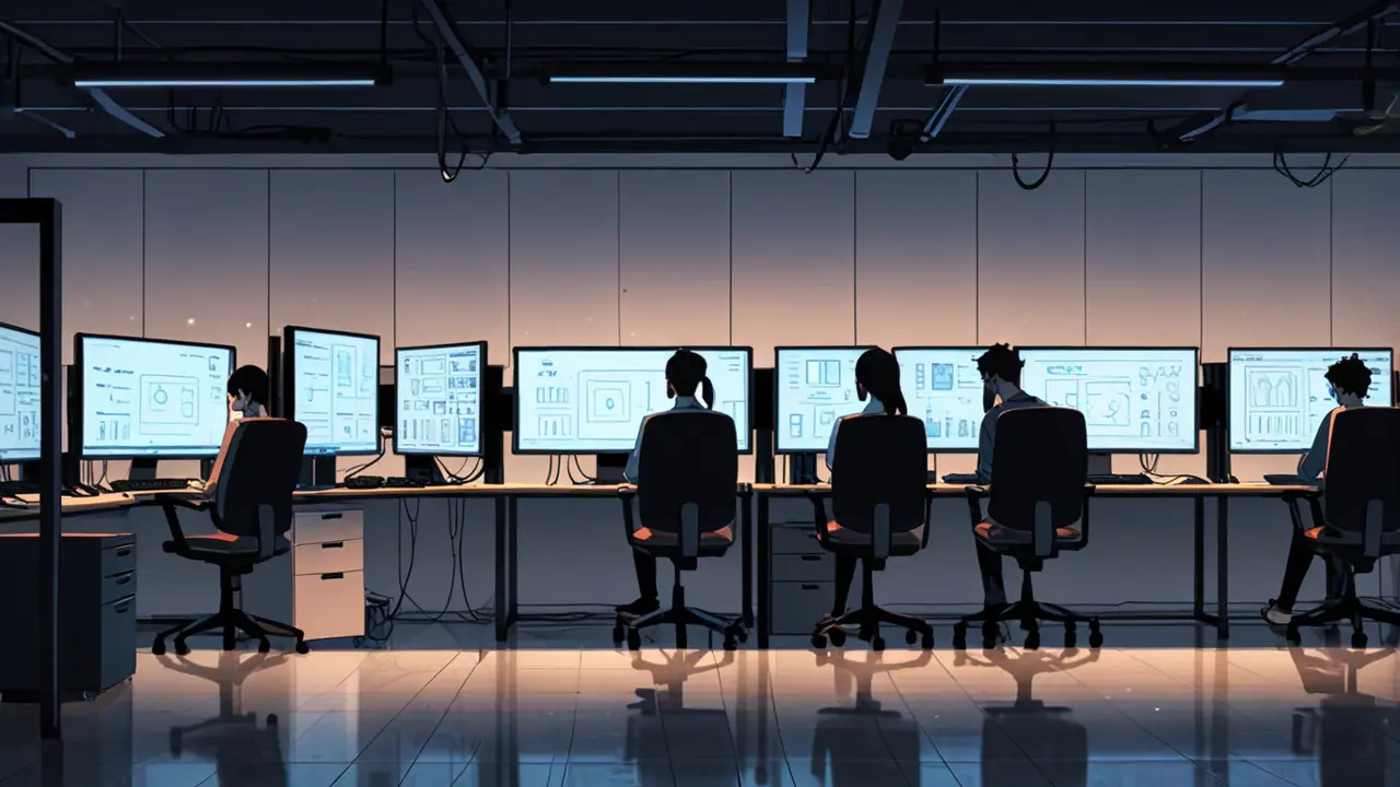 Oficina moderna llena de computadores y algoritmos de inteligencia artificial en pantallas