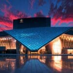 Palacio de Congresos moderno con iluminación tecnológica y diseño futurista al atardecer