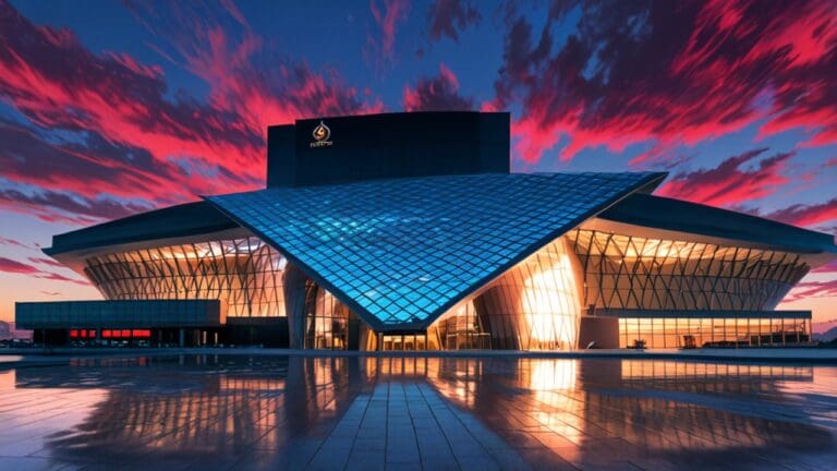 Palacio de Congresos moderno con iluminación tecnológica y diseño futurista al atardecer