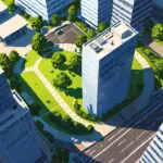 Vista aérea de un moderno parque empresarial con edificios de oficinas y zonas verdes.