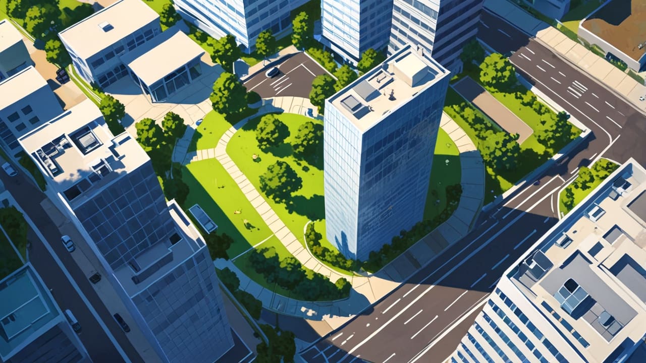 Vista aérea de un moderno parque empresarial con edificios de oficinas y zonas verdes.