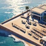 Vista aérea de un moderno centro de conferencias junto al mar en Marbella.