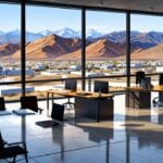 Oficinas modernas con equipos tecnológicos y vista a la montaña en Mendoza