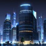 Vista moderna de un centro tecnológico con edificios y redes digitales en el fondo