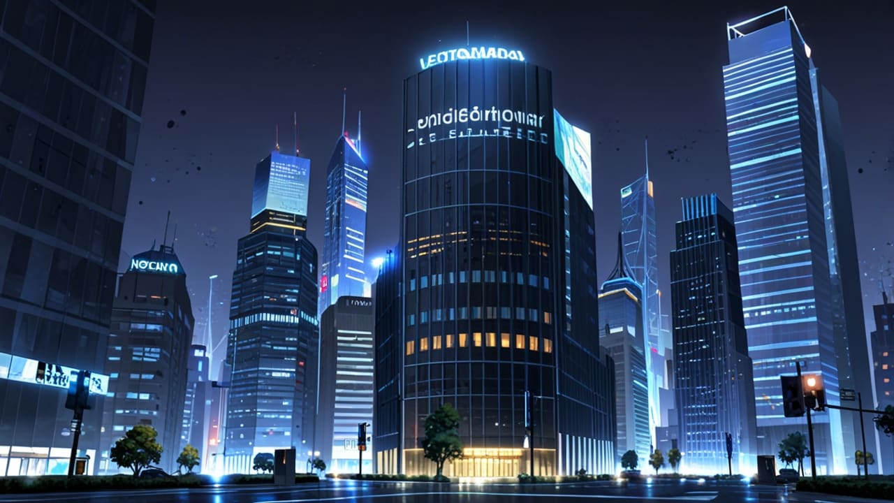 Vista moderna de un centro tecnológico con edificios y redes digitales en el fondo
