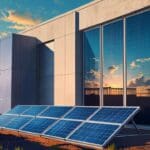Plano cenital de paneles solares en un parque industrial moderno al amanecer
