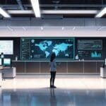 Oficina moderna con equipos tecnológicos y pantallas mostrando aplicaciones de inteligencia artificial