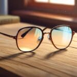 Primer plano de unas gafas coloridas sobre una mesa de madera clara, con un fondo borroso de un taller tecnológico moderno.