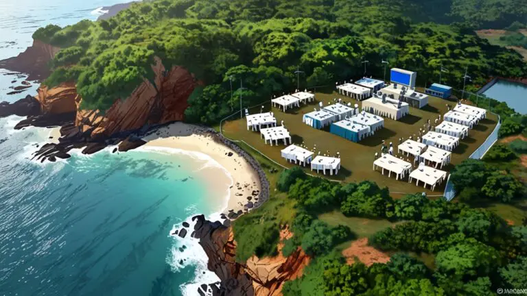 Vista aérea de un moderno centro de conferencias en una isla, rodeado de naturaleza y tecnología.